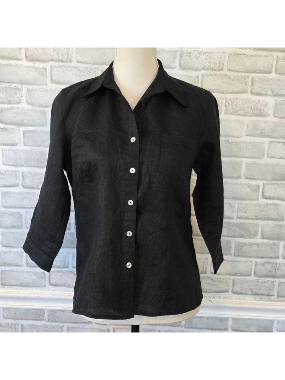 Edward Black Linen Button Up Shirt Medium Minimalist Scandi Chic Blouse Top